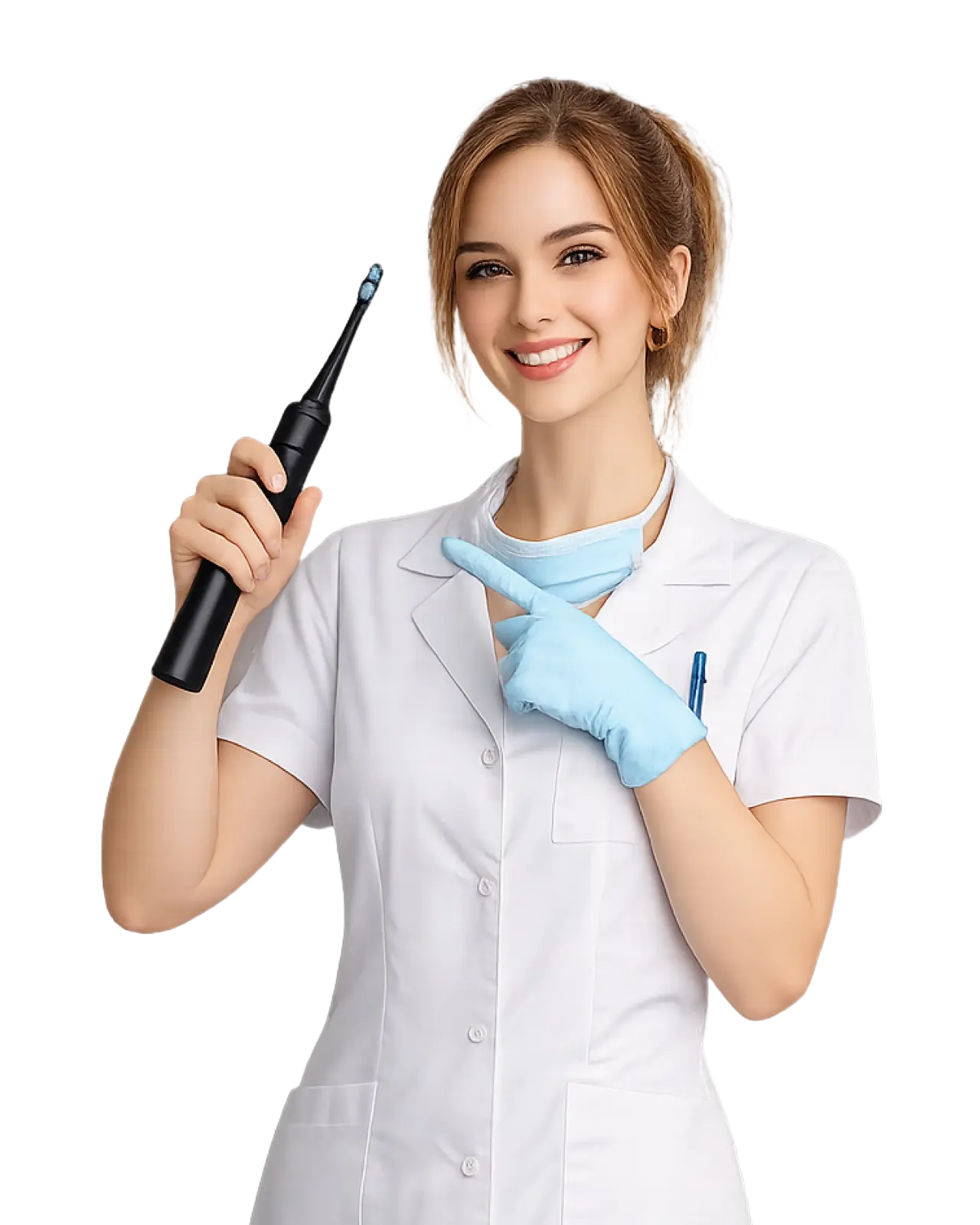 Smiling female dentist holding dental model